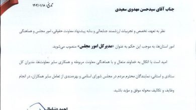 با حکم دکتر دنیامالی صورت گرفت؛ مدیرکل امور مجلس منصوب شد